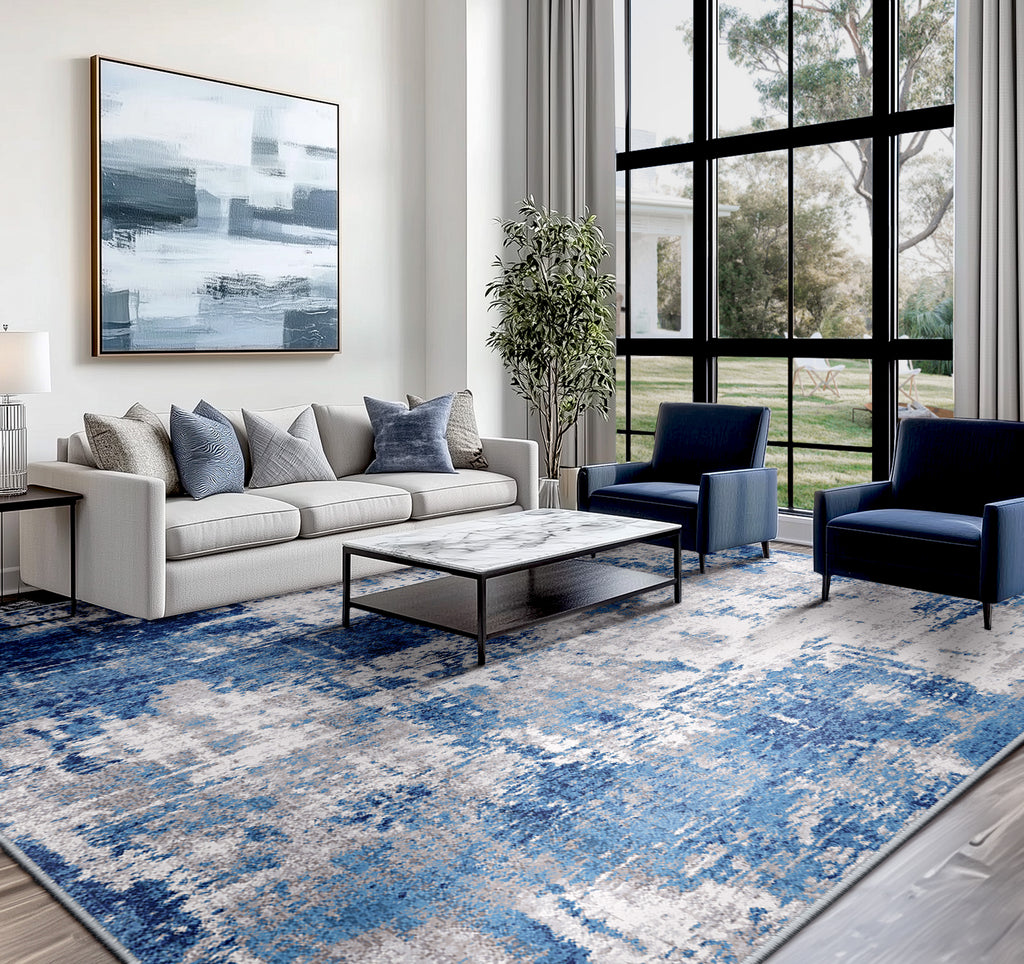 RELEANY Washable Area Rugs 8'x10' Non-Slip Modern Abstract Soft for Living Room Entryway Bedroom Nursery, Print Pattern, Blue Grey Navy Gray