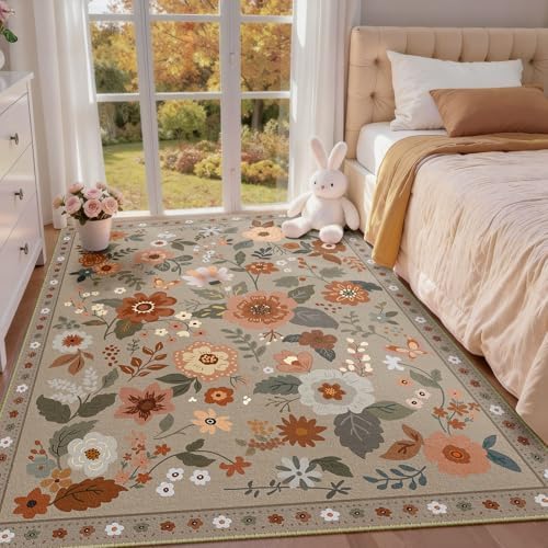 RELEANY Floral Nursery Area Rugs Washable Print Boho Cute Carpet Non Slip Flower Low Pile for Living Room Kids Girls Playroom Bedroom Kitchen Office Farmhouse