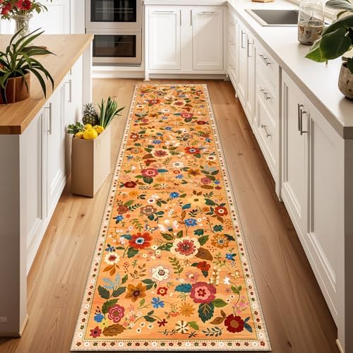 RELEANY Floral Nursery Area Rugs Washable Print Boho Cute Carpet Non Slip Flower Low Pile for Living Room Kids Girls Playroom Bedroom Kitchen Office Farmhouse