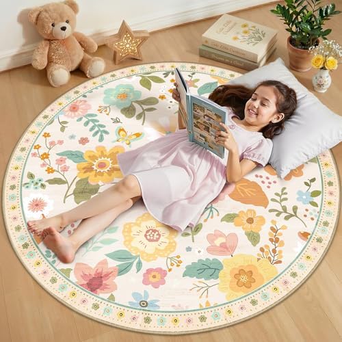 RELEANY Floral Nursery Area Rugs Washable Print Boho Cute Carpet Non Slip Flower Low Pile for Living Room Kids Girls Playroom Bedroom Kitchen Office Farmhouse