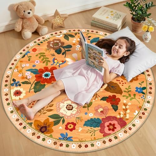 RELEANY Floral Nursery Area Rugs Washable Print Boho Cute Carpet Non Slip Flower Low Pile for Living Room Kids Girls Playroom Bedroom Kitchen Office Farmhouse