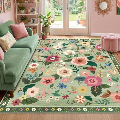 RELEANY Floral Nursery Area Rugs Washable Print Boho Cute Carpet Non Slip Flower Low Pile for Living Room Kids Girls Playroom Bedroom Kitchen Office Farmhouse
