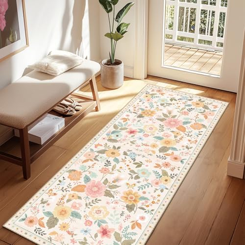 RELEANY Floral Nursery Area Rugs Washable Print Boho Cute Carpet Non Slip Flower Low Pile for Living Room Kids Girls Playroom Bedroom Kitchen Office Farmhouse
