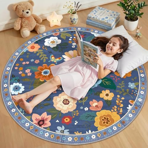 RELEANY Floral Nursery Area Rugs Washable Print Boho Cute Carpet Non Slip Flower Low Pile for Living Room Kids Girls Playroom Bedroom Kitchen Office Farmhouse