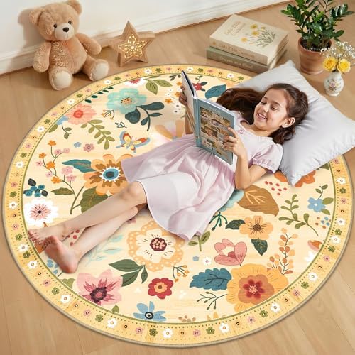 RELEANY Floral Nursery Area Rugs Washable Print Boho Cute Carpet Non Slip Flower Low Pile for Living Room Kids Girls Playroom Bedroom Kitchen Office Farmhouse