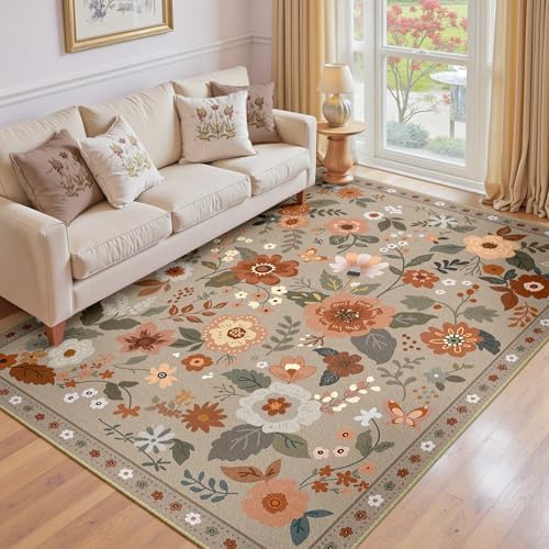 RELEANY Floral Nursery Area Rugs Washable Print Boho Cute Carpet Non Slip Flower Low Pile for Living Room Kids Girls Playroom Bedroom Kitchen Office Farmhouse