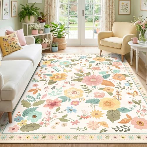 RELEANY Floral Nursery Area Rugs Washable Print Boho Cute Carpet Non Slip Flower Low Pile for Living Room Kids Girls Playroom Bedroom Kitchen Office Farmhouse