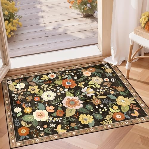 RELEANY Floral Nursery Area Rugs Washable Print Boho Cute Carpet Non Slip Flower Low Pile for Living Room Kids Girls Playroom Bedroom Kitchen Office Farmhouse
