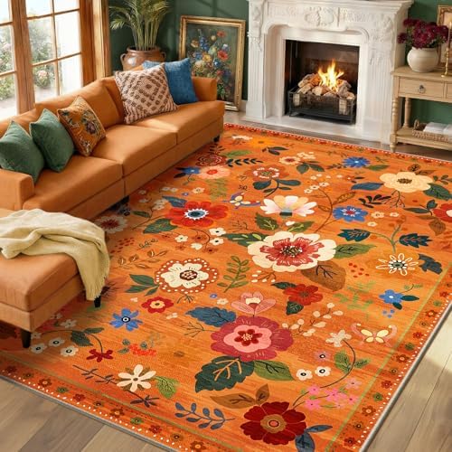 RELEANY Floral Nursery Area Rugs Washable Print Boho Cute Carpet Non Slip Flower Low Pile for Living Room Kids Girls Playroom Bedroom Kitchen Office Farmhouse