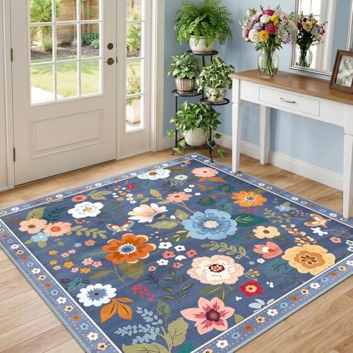 RELEANY Floral Nursery Area Rugs Washable Print Boho Cute Carpet Non Slip Flower Low Pile for Living Room Kids Girls Playroom Bedroom Kitchen Office Farmhouse