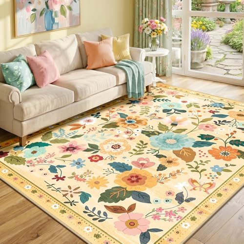 RELEANY Floral Nursery Area Rugs Washable Print Boho Cute Carpet Non Slip Flower Low Pile for Living Room Kids Girls Playroom Bedroom Kitchen Office Farmhouse