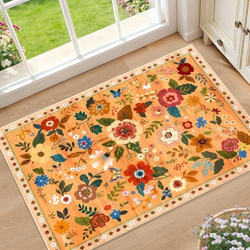 RELEANY Floral Nursery Area Rugs Washable Print Boho Cute Carpet Non Slip Flower Low Pile for Living Room Kids Girls Playroom Bedroom Kitchen Office Farmhouse