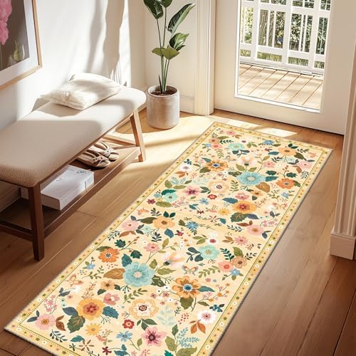 RELEANY Floral Nursery Area Rugs Washable Print Boho Cute Carpet Non Slip Flower Low Pile for Living Room Kids Girls Playroom Bedroom Kitchen Office Farmhouse