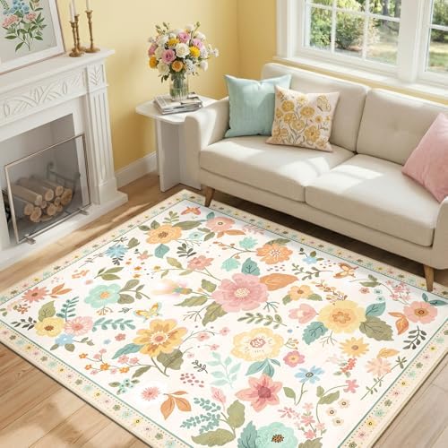 RELEANY Floral Nursery Area Rugs Washable Print Boho Cute Carpet Non Slip Flower Low Pile for Living Room Kids Girls Playroom Bedroom Kitchen Office Farmhouse