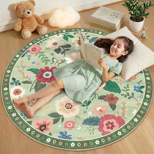 RELEANY Floral Nursery Area Rugs Washable Print Boho Cute Carpet Non Slip Flower Low Pile for Living Room Kids Girls Playroom Bedroom Kitchen Office Farmhouse