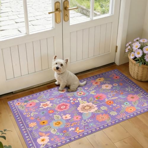 RELEANY Floral Nursery Area Rugs Washable Print Boho Cute Carpet Non Slip Flower Low Pile for Living Room Kids Girls Playroom Bedroom Kitchen Office Farmhouse