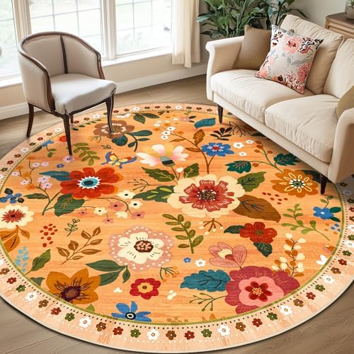 RELEANY Floral Nursery Area Rugs Washable Print Boho Cute Carpet Non Slip Flower Low Pile for Living Room Kids Girls Playroom Bedroom Kitchen Office Farmhouse
