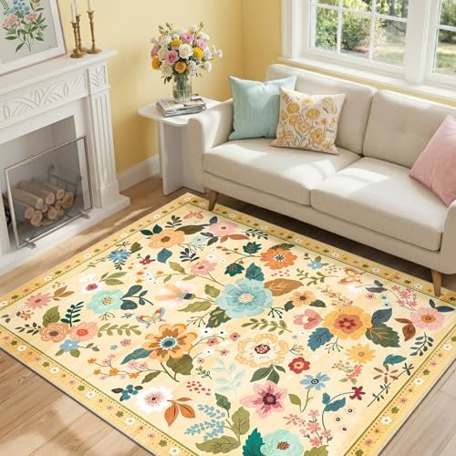 RELEANY Floral Nursery Area Rugs Washable Print Boho Cute Carpet Non Slip Flower Low Pile for Living Room Kids Girls Playroom Bedroom Kitchen Office Farmhouse