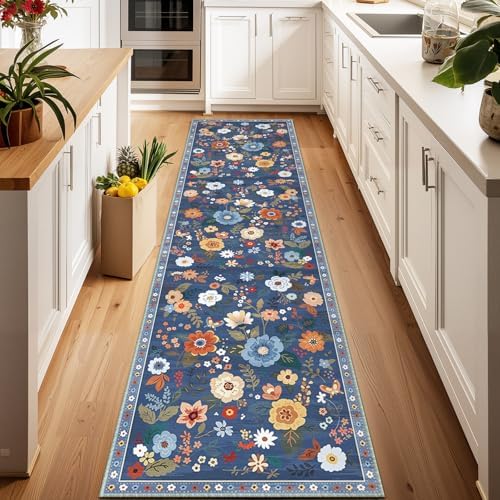 RELEANY Floral Nursery Area Rugs Washable Print Boho Cute Carpet Non Slip Flower Low Pile for Living Room Kids Girls Playroom Bedroom Kitchen Office Farmhouse