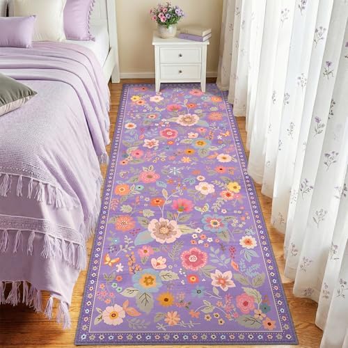RELEANY Floral Nursery Area Rugs Washable Print Boho Cute Carpet Non Slip Flower Low Pile for Living Room Kids Girls Playroom Bedroom Kitchen Office Farmhouse