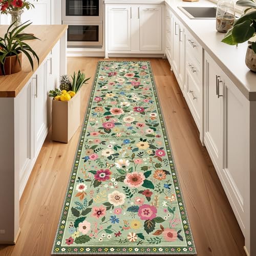 RELEANY Floral Nursery Area Rugs Washable Print Boho Cute Carpet Non Slip Flower Low Pile for Living Room Kids Girls Playroom Bedroom Kitchen Office Farmhouse