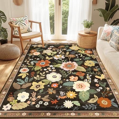 RELEANY Floral Nursery Area Rugs Washable Print Boho Cute Carpet Non Slip Flower Low Pile for Living Room Kids Girls Playroom Bedroom Kitchen Office Farmhouse