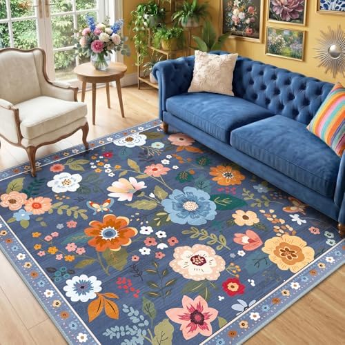 RELEANY Floral Nursery Area Rugs Washable Print Boho Cute Carpet Non Slip Flower Low Pile for Living Room Kids Girls Playroom Bedroom Kitchen Office Farmhouse