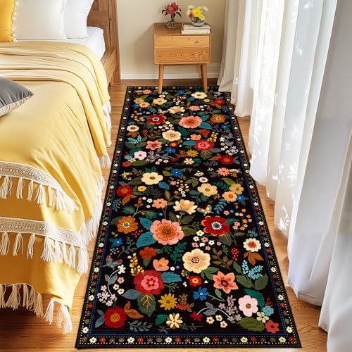 RELEANY Floral Nursery Area Rugs Washable Print Boho Cute Carpet Non Slip Flower Low Pile for Living Room Kids Girls Playroom Bedroom Kitchen Office Farmhouse