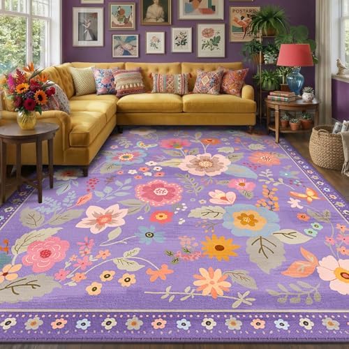 RELEANY Floral Nursery Area Rugs Washable Print Boho Cute Carpet Non Slip Flower Low Pile for Living Room Kids Girls Playroom Bedroom Kitchen Office Farmhouse