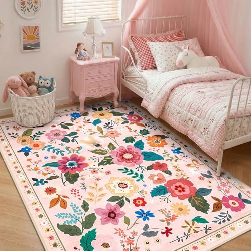RELEANY Floral Nursery Area Rugs Washable Print Boho Cute Carpet Non Slip Flower Low Pile for Living Room Kids Girls Playroom Bedroom Kitchen Office Farmhouse