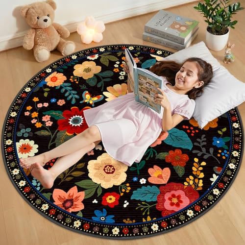 RELEANY Floral Nursery Area Rugs Washable Print Boho Cute Carpet Non Slip Flower Low Pile for Living Room Kids Girls Playroom Bedroom Kitchen Office Farmhouse
