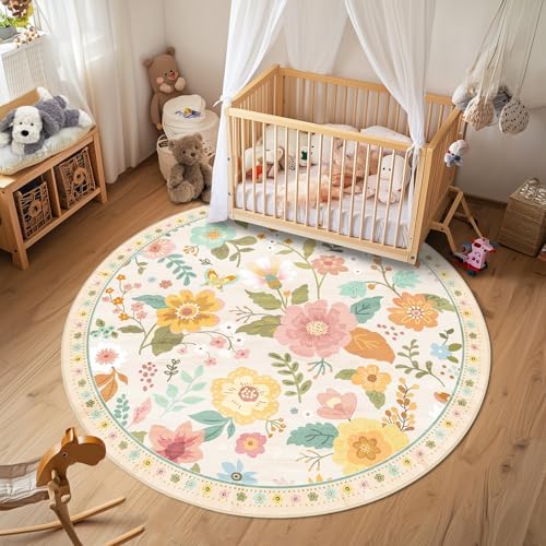 RELEANY Floral Nursery Area Rugs Washable Print Boho Cute Carpet Non Slip Flower Low Pile for Living Room Kids Girls Playroom Bedroom Kitchen Office Farmhouse