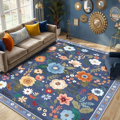RELEANY Floral Nursery Area Rugs Washable Print Boho Cute Carpet Non Slip Flower Low Pile for Living Room Kids Girls Playroom Bedroom Kitchen Office Farmhouse