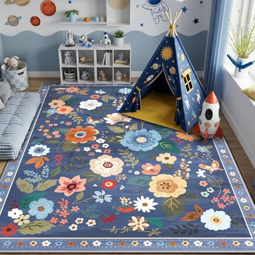 RELEANY Floral Nursery Area Rugs Washable Print Boho Cute Carpet Non Slip Flower Low Pile for Living Room Kids Girls Playroom Bedroom Kitchen Office Farmhouse