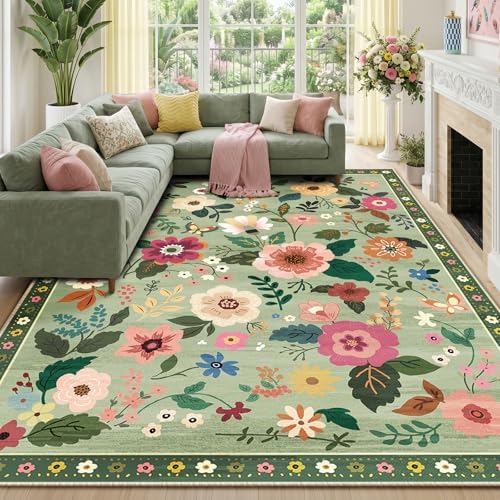 RELEANY Floral Nursery Area Rugs Washable Print Boho Cute Carpet Non Slip Flower Low Pile for Living Room Kids Girls Playroom Bedroom Kitchen Office Farmhouse