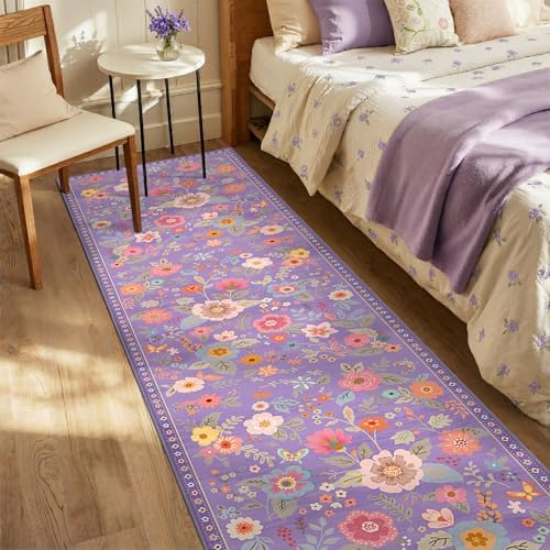 RELEANY Floral Nursery Area Rugs Washable Print Boho Cute Carpet Non Slip Flower Low Pile for Living Room Kids Girls Playroom Bedroom Kitchen Office Farmhouse