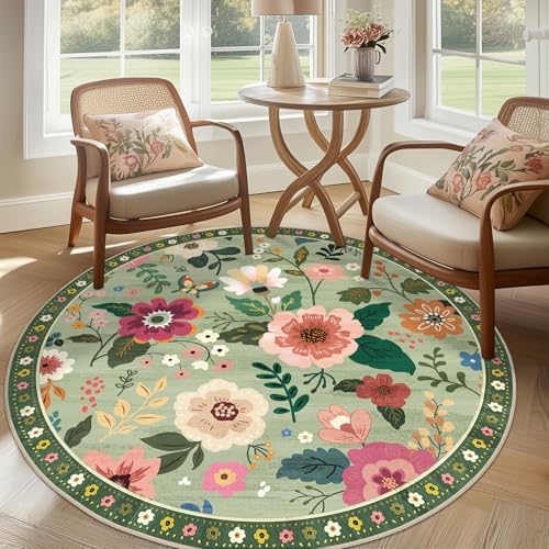 RELEANY Floral Nursery Area Rugs Washable Print Boho Cute Carpet Non Slip Flower Low Pile for Living Room Kids Girls Playroom Bedroom Kitchen Office Farmhouse