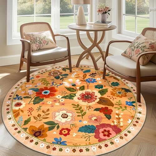 RELEANY Floral Nursery Area Rugs Washable Print Boho Cute Carpet Non Slip Flower Low Pile for Living Room Kids Girls Playroom Bedroom Kitchen Office Farmhouse