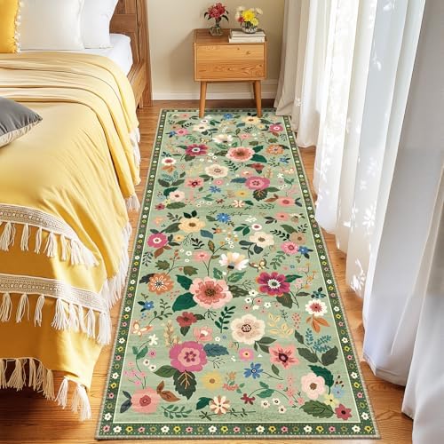 RELEANY Floral Nursery Area Rugs Washable Print Boho Cute Carpet Non Slip Flower Low Pile for Living Room Kids Girls Playroom Bedroom Kitchen Office Farmhouse