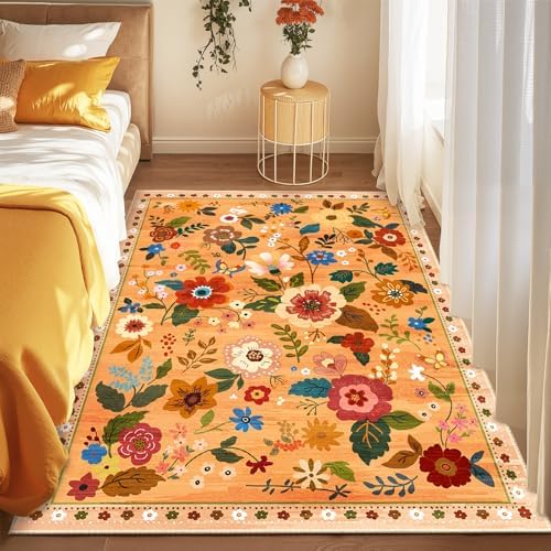 RELEANY Floral Nursery Area Rugs Washable Print Boho Cute Carpet Non Slip Flower Low Pile for Living Room Kids Girls Playroom Bedroom Kitchen Office Farmhouse
