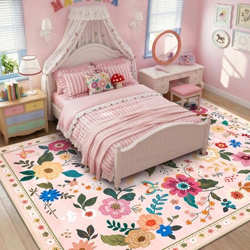 RELEANY Floral Nursery Area Rugs Washable Print Boho Cute Carpet Non Slip Flower Low Pile for Living Room Kids Girls Playroom Bedroom Kitchen Office Farmhouse