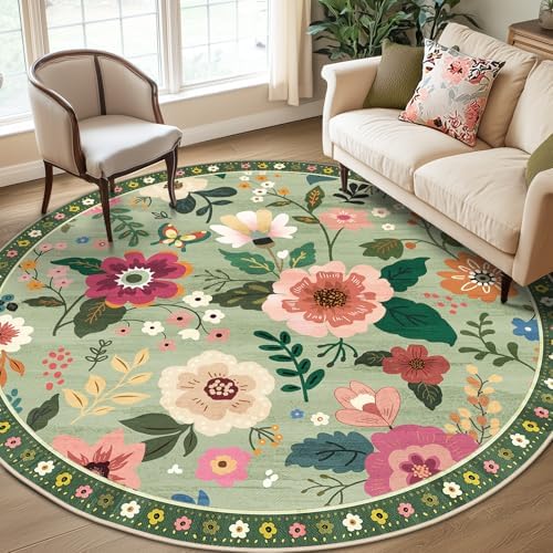 RELEANY Floral Nursery Area Rugs Washable Print Boho Cute Carpet Non Slip Flower Low Pile for Living Room Kids Girls Playroom Bedroom Kitchen Office Farmhouse