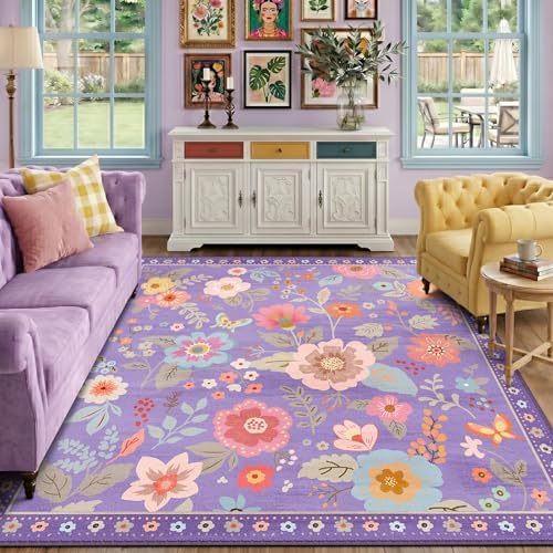 RELEANY Floral Nursery Area Rugs Washable Print Boho Cute Carpet Non Slip Flower Low Pile for Living Room Kids Girls Playroom Bedroom Kitchen Office Farmhouse
