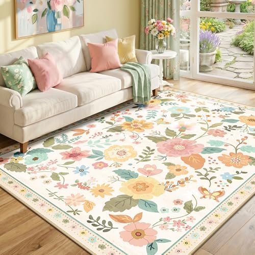 RELEANY Floral Nursery Area Rugs Washable Print Boho Cute Carpet Non Slip Flower Low Pile for Living Room Kids Girls Playroom Bedroom Kitchen Office Farmhouse