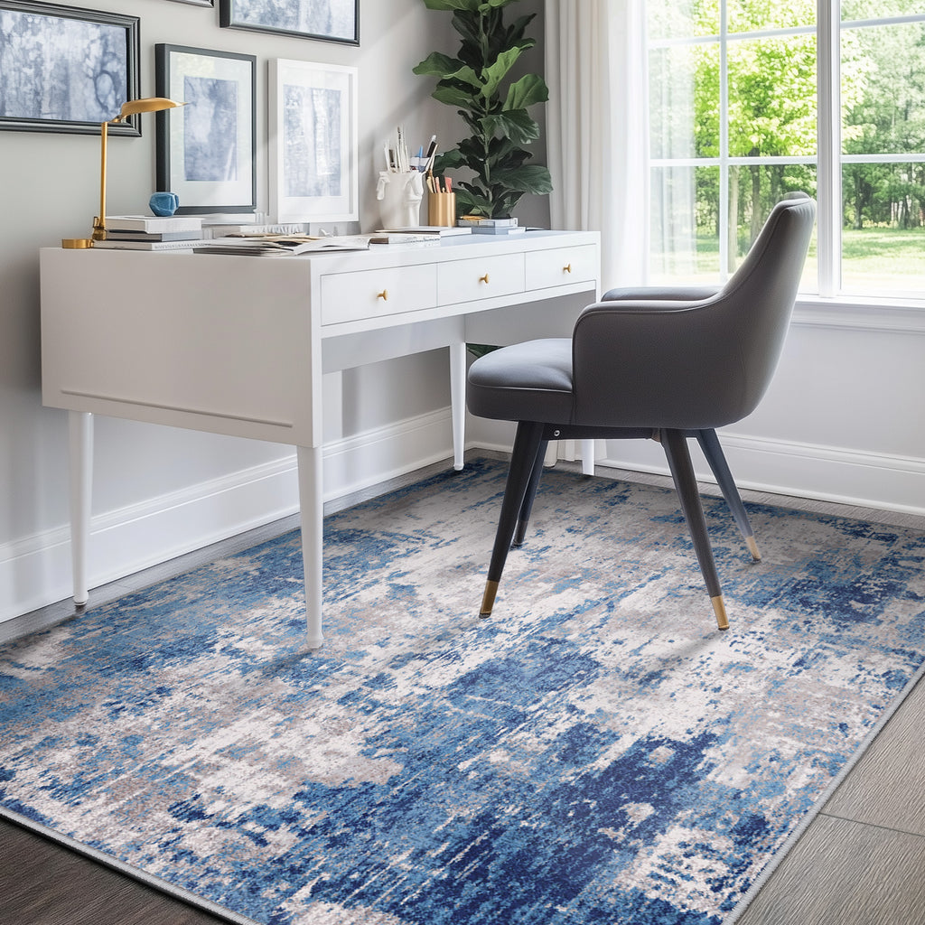 RELEANY Washable Area Rugs 8'x10' Non-Slip Modern Abstract Soft for Living Room Entryway Bedroom Nursery, Print Pattern, Blue Grey Navy Gray