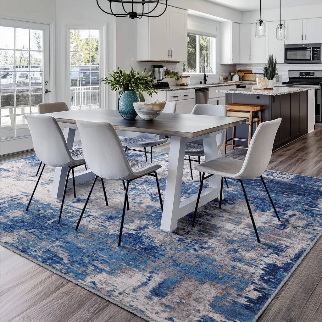 RELEANY Washable Area Rugs 8'x10' Non-Slip Modern Abstract Soft for Living Room Entryway Bedroom Nursery, Print Pattern, Blue Grey Navy Gray